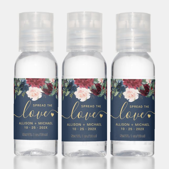 Gold Spread the Love Script Burgundy Navy Floral Hand Sanitizer (Set)