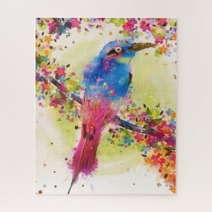 Gold Spring Bird Flower Blossom Watercolor Jigsaw Puzzle
