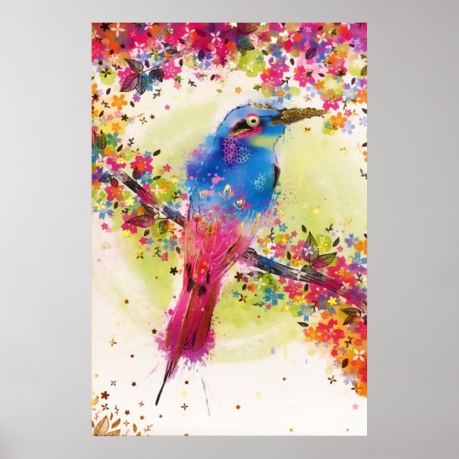 Gold Spring Bird Flower Blossom Watercolor Poster (Front)