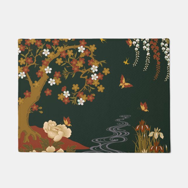 Gold Spring Floral Cherry Blossom River Night Doormat (Front)