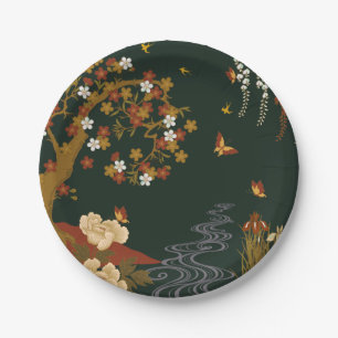 Gold Spring Floral Cherry Blossom River Night Paper Plates