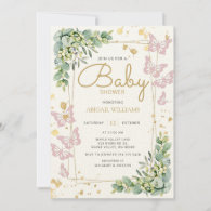 Gold Sprinkle Pink Butterfly Greenery Baby Shower Invitation