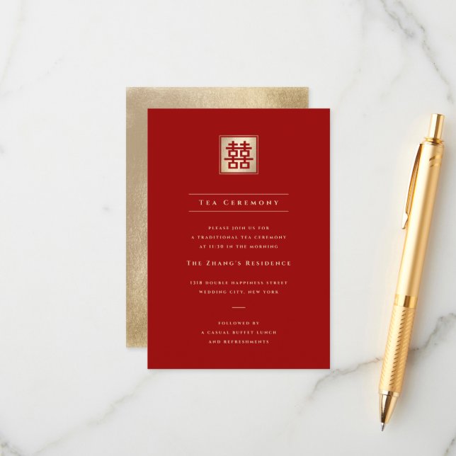 Gold Square Double Happiness Chic Chinese Wedding Enclosure Card (Front/Back In Situ)