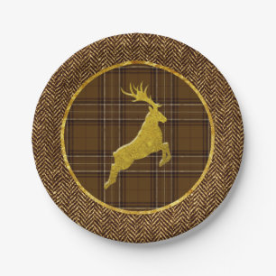 Gold Stag Plaid and Herringbone Paper Plates