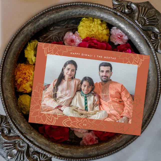 Gold stamp lotus Happy Diwali Photo Card
