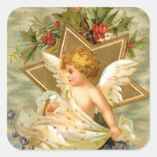 Gold star angel square sticker