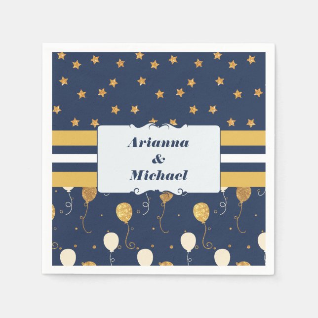 Gold Star Balloons Navy Personalized Custom Names Paper Napkins (Front)