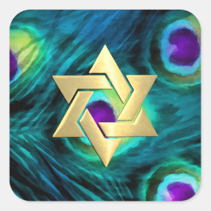 Gold Star Bat Mitzvah Peacock Purple and Teal Square Sticker