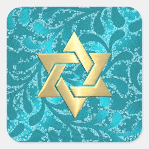 Gold Star Bat Mitzvah Turquoise Blue Damask Square Sticker