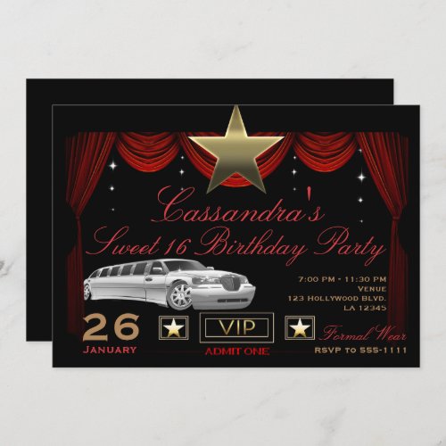 Gold Star Black Red Limo Hollywood Birthday Party Invitation