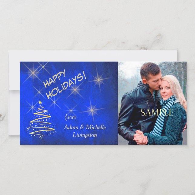 Gold Star Christmas Tree on Blue Holiday Card (Front)