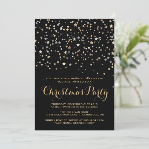 Gold Star Confetti Christmas Party Invitation