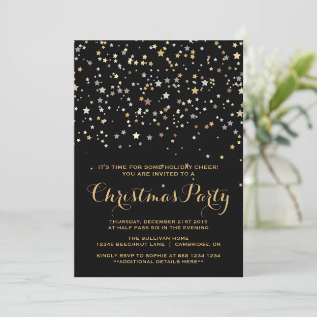 Gold Star Confetti Christmas Party Invitation | Zazzle