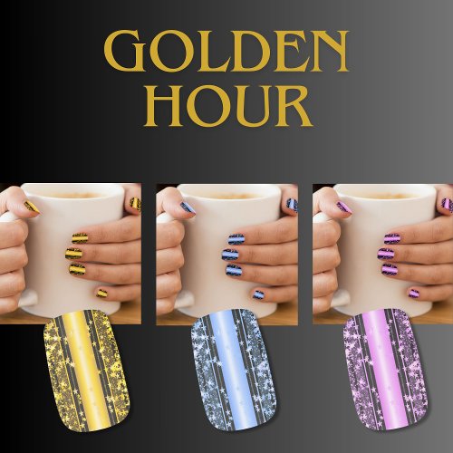 Gold star confetti glitter and strips minx nail art