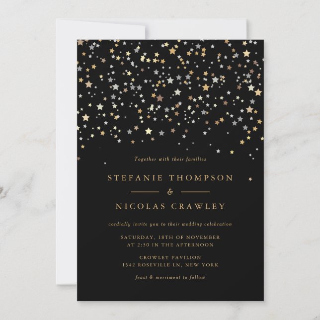 Gold Star Confetti Modern Wedding Invitation (Front)