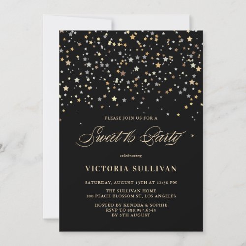 Gold Star Confetti Sweet Sixteen Party Invitation