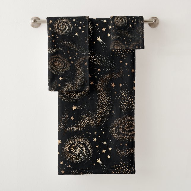 Gold Star Constellation Galaxy Pattern Bath Towel Set (Insitu)