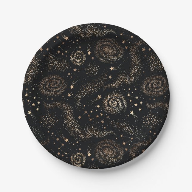 Gold Star Constellation Galaxy Pattern Paper Plates (Front)