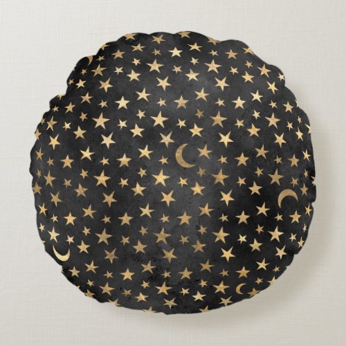 Gold Star Crescent Moon Pattern Round Pillow