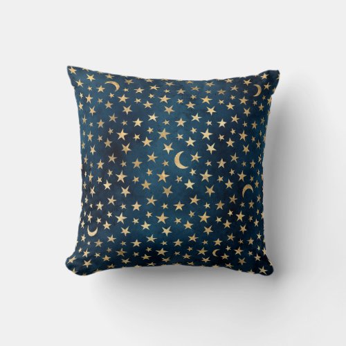 Gold Star Crescent Moon Pattern Throw Pillow