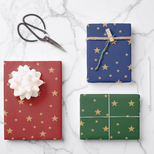 Gold Star Elegant Fantastic Holiday Red Blue Green Wrapping Paper Sheets (Front)