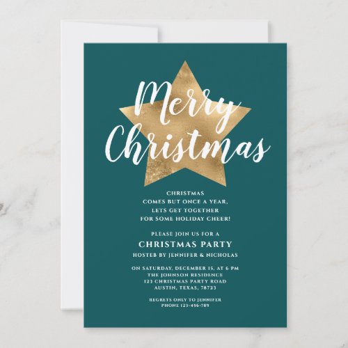 Gold Star Emerald Green Merry Christmas Party  Invitation