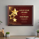 Gold Star Employee Appreciation Recognition Award Plaque<br><div class="desc">Introducing the Gold Star Employee Appreciation Recognition Award Plaque, elegantly designed to honor outstanding contributions in the workplace! This beautiful plaque features a striking gold star emblem, symbolizing excellence and achievement, all set within a classic wood frame. Perfect for recognizing hard work and dedication, it can be personalized with the...</div>