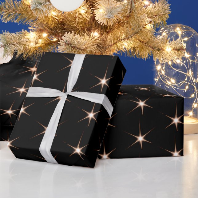 Gold Star Flares On Black Wrapping Paper (Holidays)