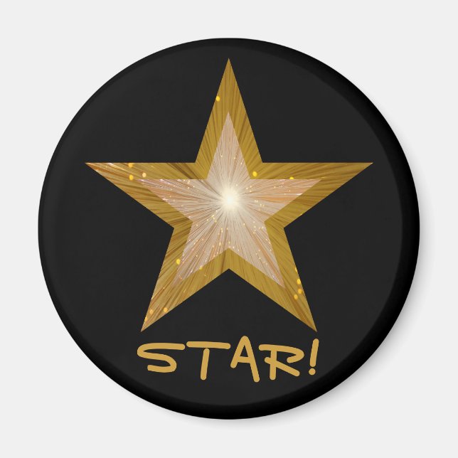 Gold Star fridge 'STAR!' magnet round black (Front)