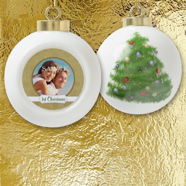Gold Star Glitter First Christmas Template Ceramic Ball Christmas Ornament (Creator Uploaded)