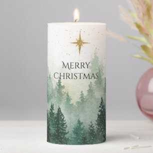 Gold Star Green Trees Christmas Pillar Candle