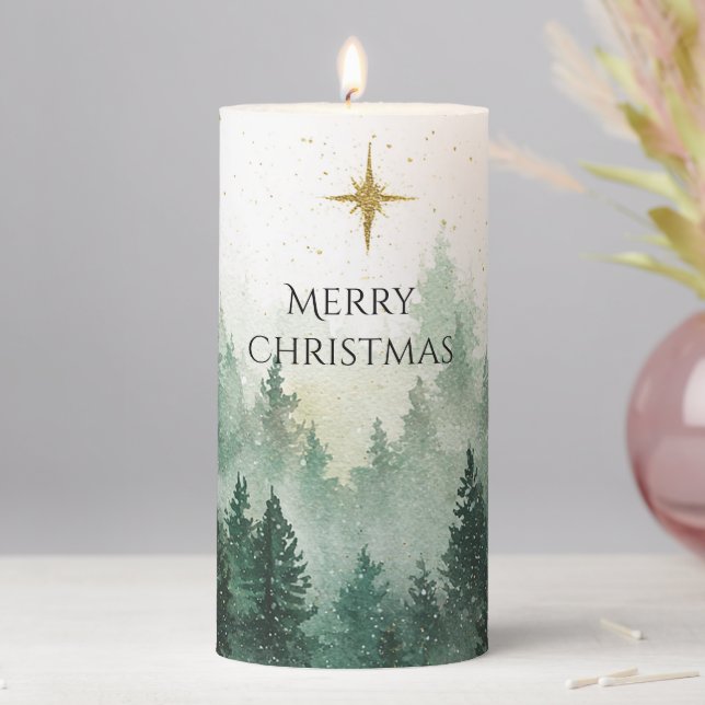 Gold Star Green Trees Christmas Pillar Candle (In Situ)