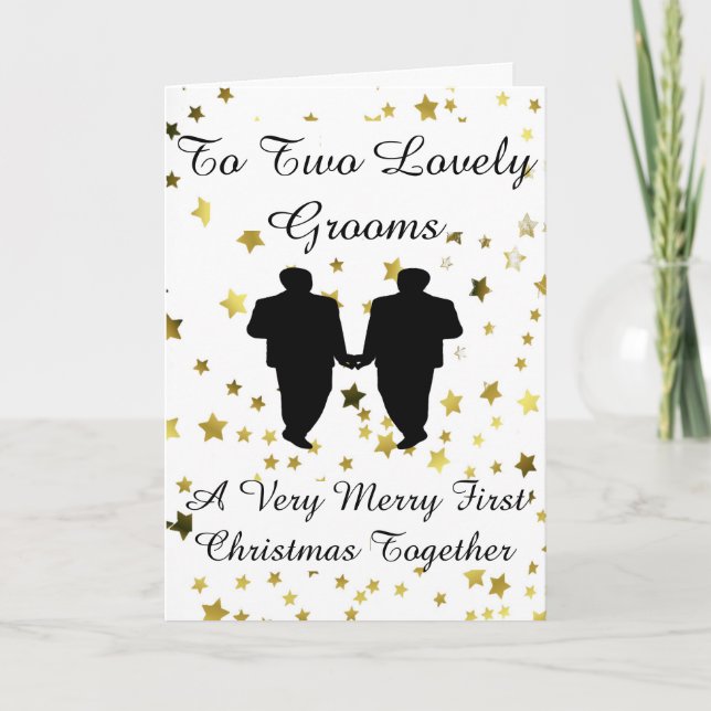 Gold Star Groom Silhouette Gay 1st Christmas Holiday Card (Front)
