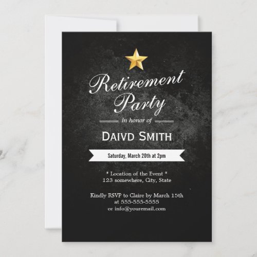Gold Star Grunge Dark Retirement Party Invitations