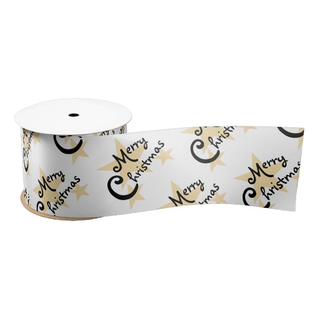 Gold Star Merry Christmas on White Ribbon (Spool)