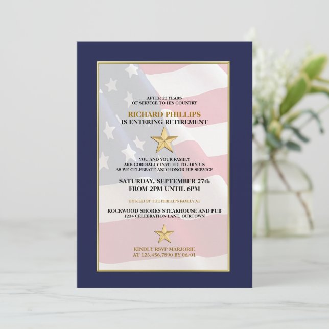Gold Star Military Retirement Party Invitations (Standing Front)