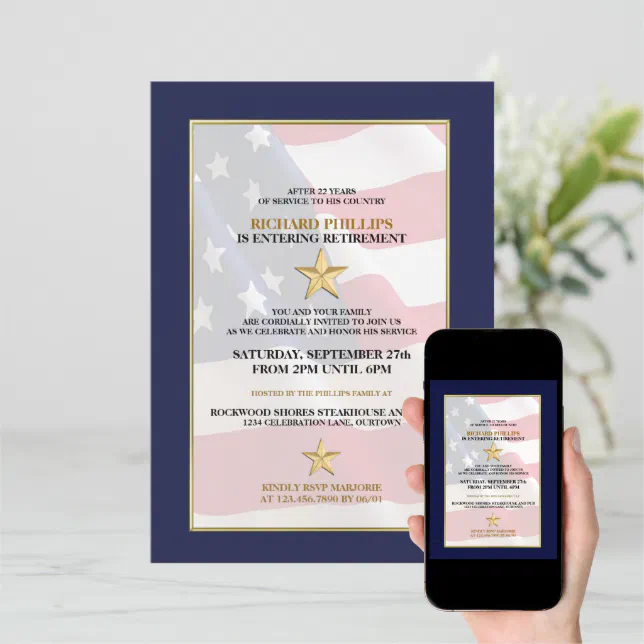 Gold Star Military Retirement Party Invitations (Downloadable)