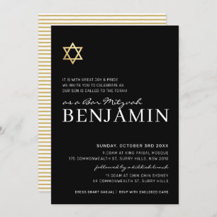 GOLD STAR modern Bar Mitzvah minimal black white Invitation