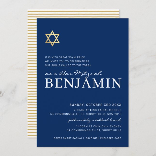 GOLD STAR modern Bar Mitzvah minimal navy white Invitation (Front/Back)