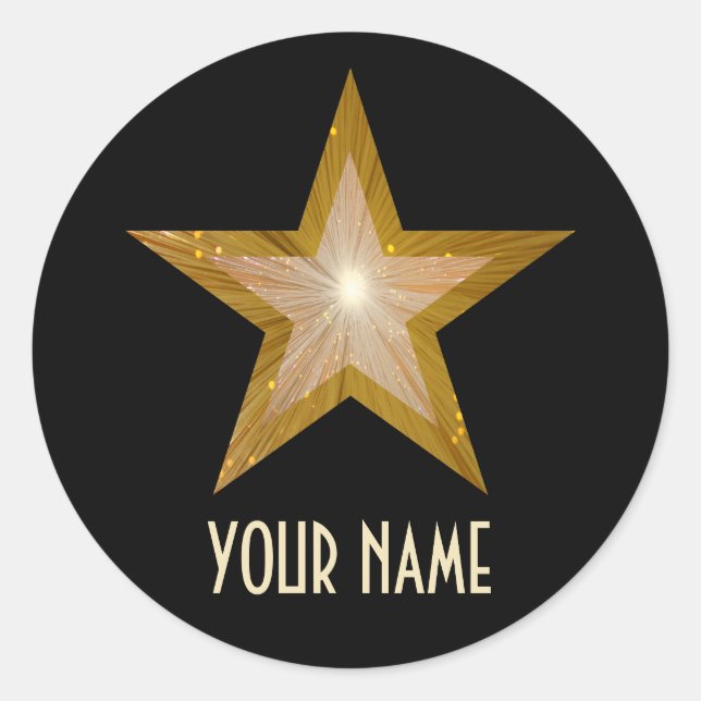 Gold Star 'Name' round sticker black (Front)