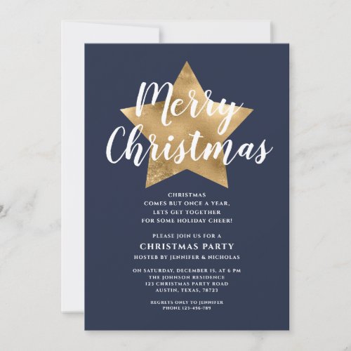 Gold Star Navy Blue Merry Christmas Party Invitation