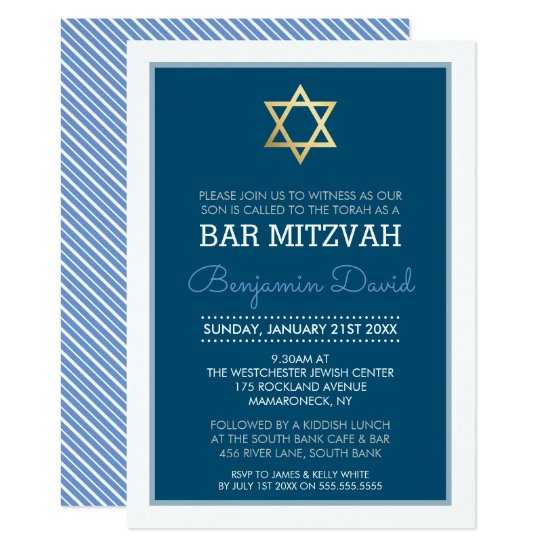 GOLD STAR OF DAVID bar mitzvah modern simple blue Invitation