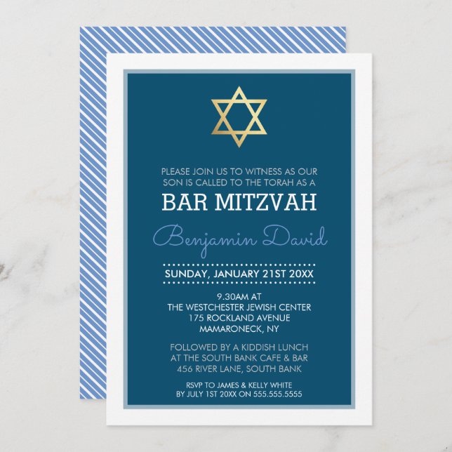 GOLD STAR OF DAVID bar mitzvah modern simple blue Invitation (Front/Back)