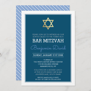 GOLD STAR OF DAVID bar mitzvah modern simple blue Invitation