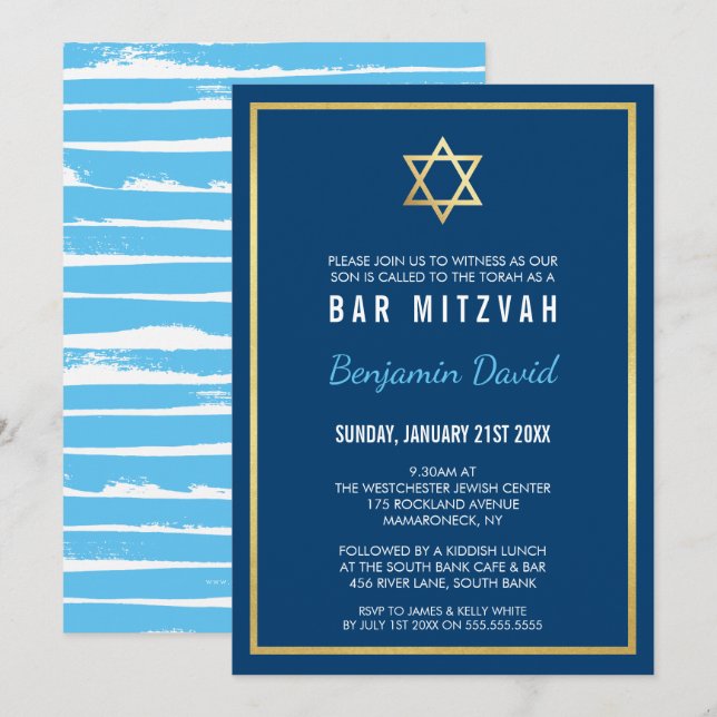 GOLD STAR OF DAVID bar mitzvah modern simple blue Invitation (Front/Back)