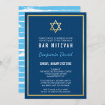 GOLD STAR OF DAVID bar mitzvah modern simple blue Invitation<br><div class="desc">*** NOTE - THE SHINY GOLD FOIL EFFECT IS A PRINTED PICTURE An elegant and sophisticated design with swirl details for your child's BAR / BAT MITZVAH INVITATIONS. Wow your friends and family with this little number ;D Setup as a template it is simple for you to add your own...</div>