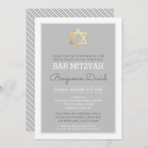 GOLD STAR OF DAVID bar mitzvah modern simple grey Invitation