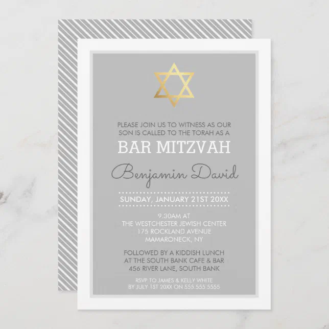 GOLD STAR OF DAVID bar mitzvah modern simple grey Invitation | Zazzle