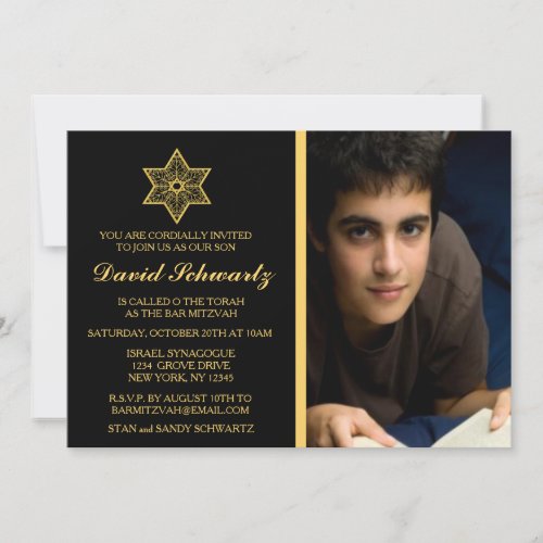 Gold Star of David Bar Mitzvah Picture Invitation