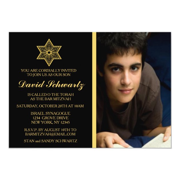 Gold Star Of David Bar Mitzvah Picture Invitation